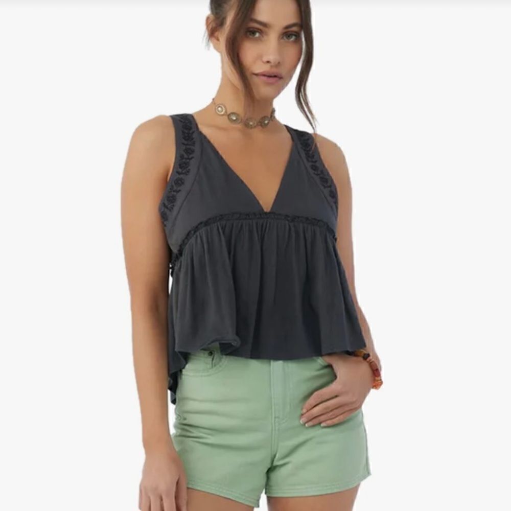 O'Neill V-neck Linen-blend Embroidered Deanna Tiered Ruffle Tank Top- gray
